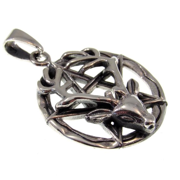 Solid 925 Sterling Silver Reindeer Pentacle Pagan Pentagram Pendant - Picture 3 of 5